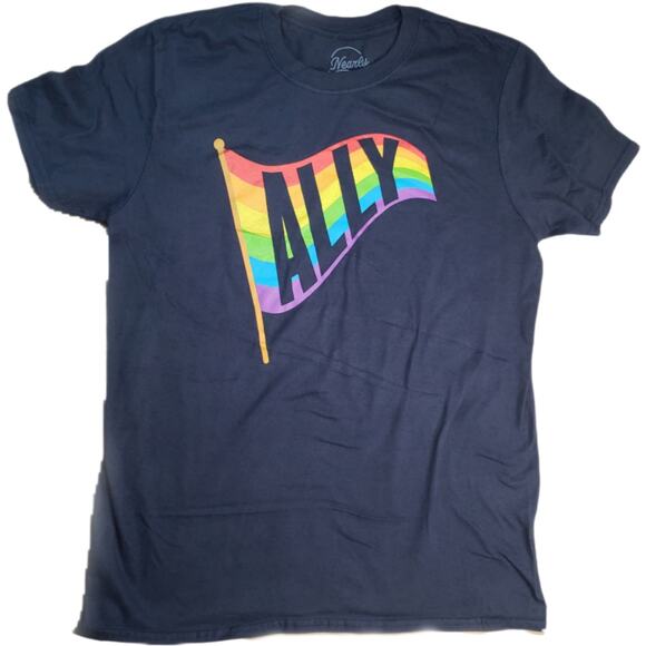 NEARLY THERE NAVY BLUE ALLY RAINBOW PRIDE FLAG BANNER T-SHIRT SIZE SMALL NWOT - Picture 1 of 4